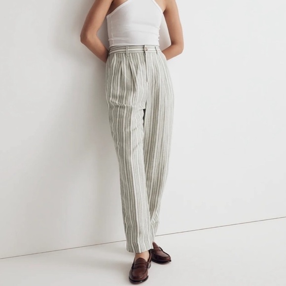 Madewell The Tailored Tapered Pant in Striped
Linen-Blend. Size 0. Green & White - Picture 1 of 14